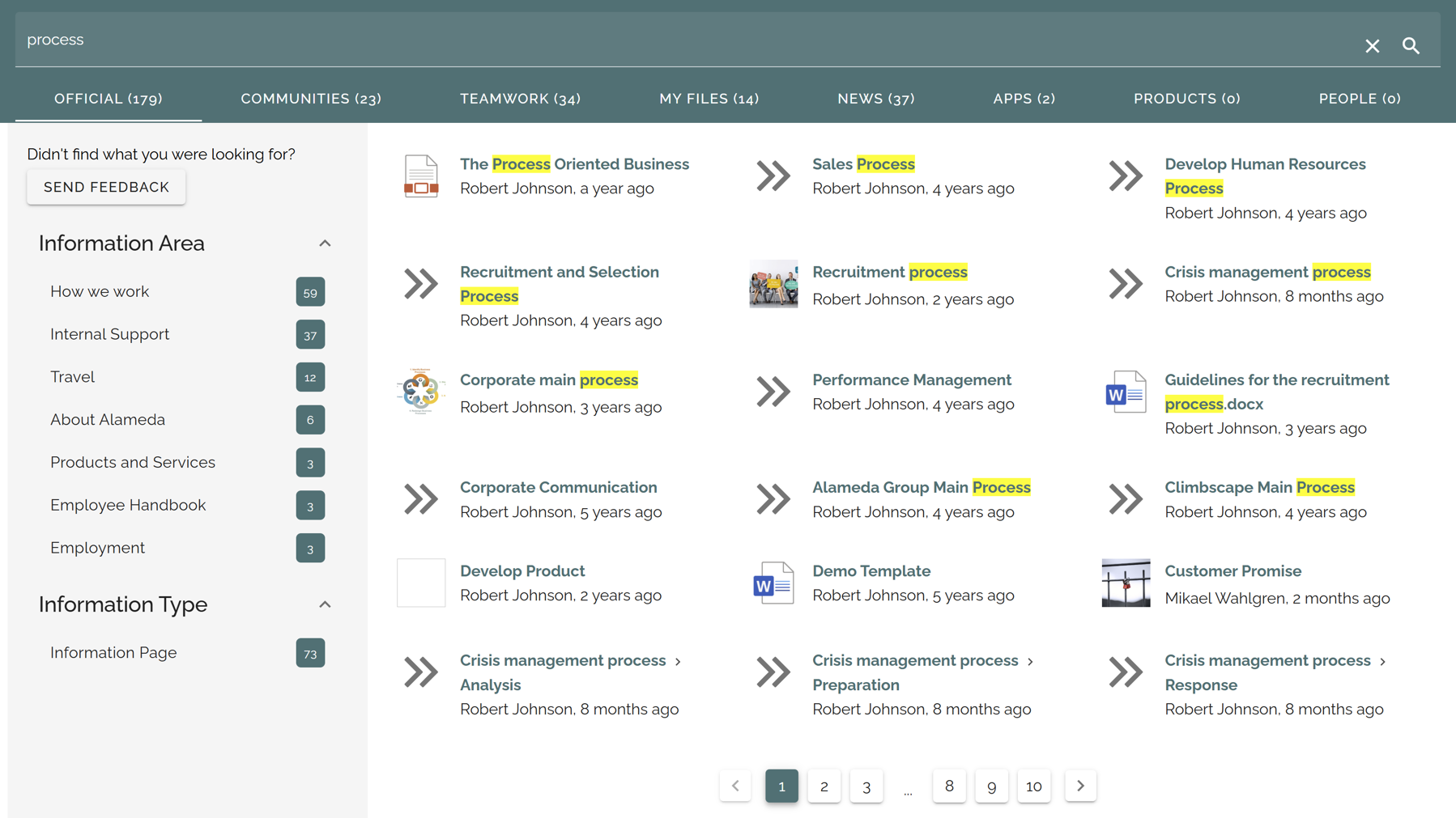 Intranet search results prioritising official knowledge and governed content