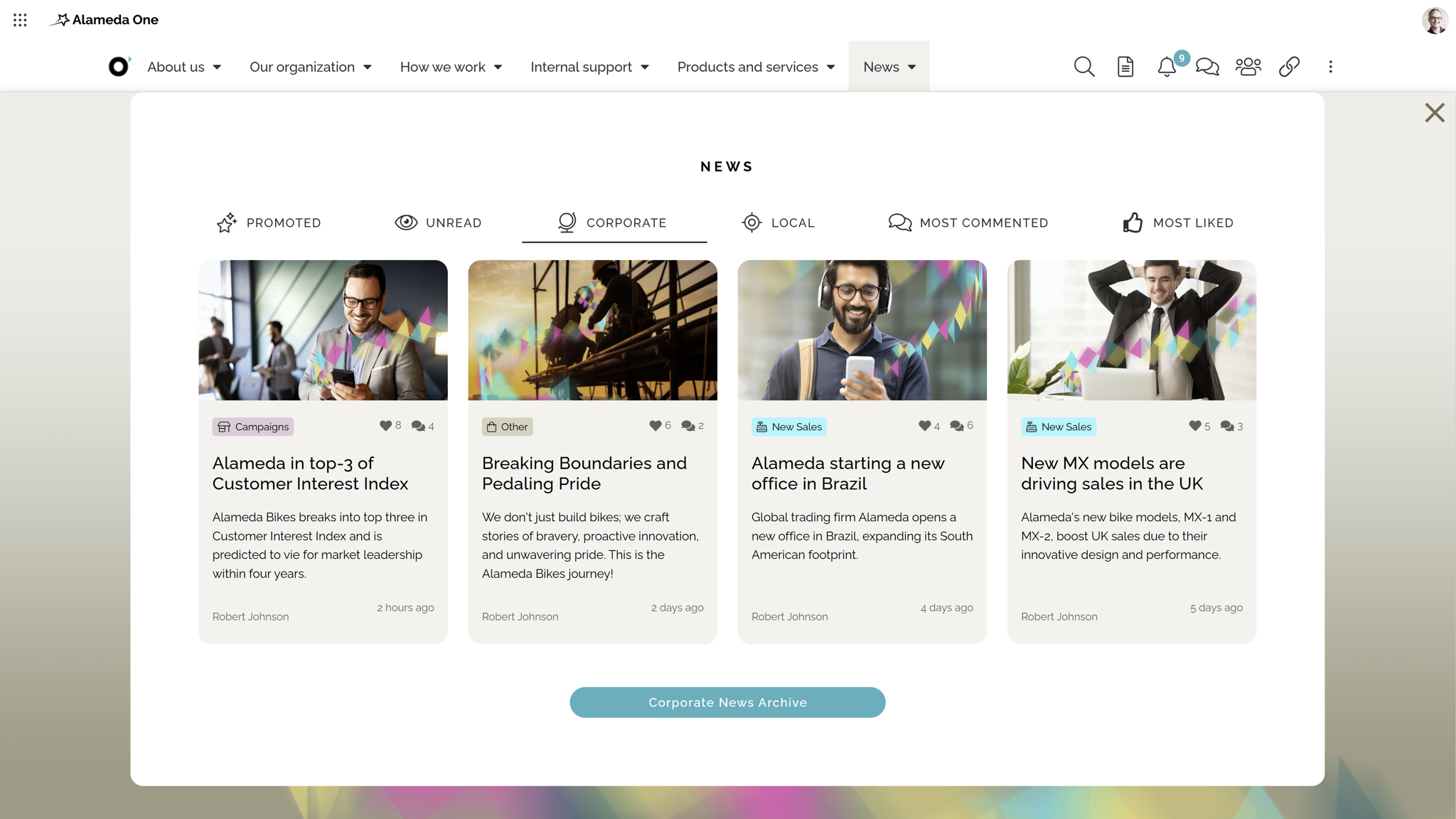 Corporate intranet software example: Intranet news dashboard with filters for article categories including promoted, corporate, and most commented.