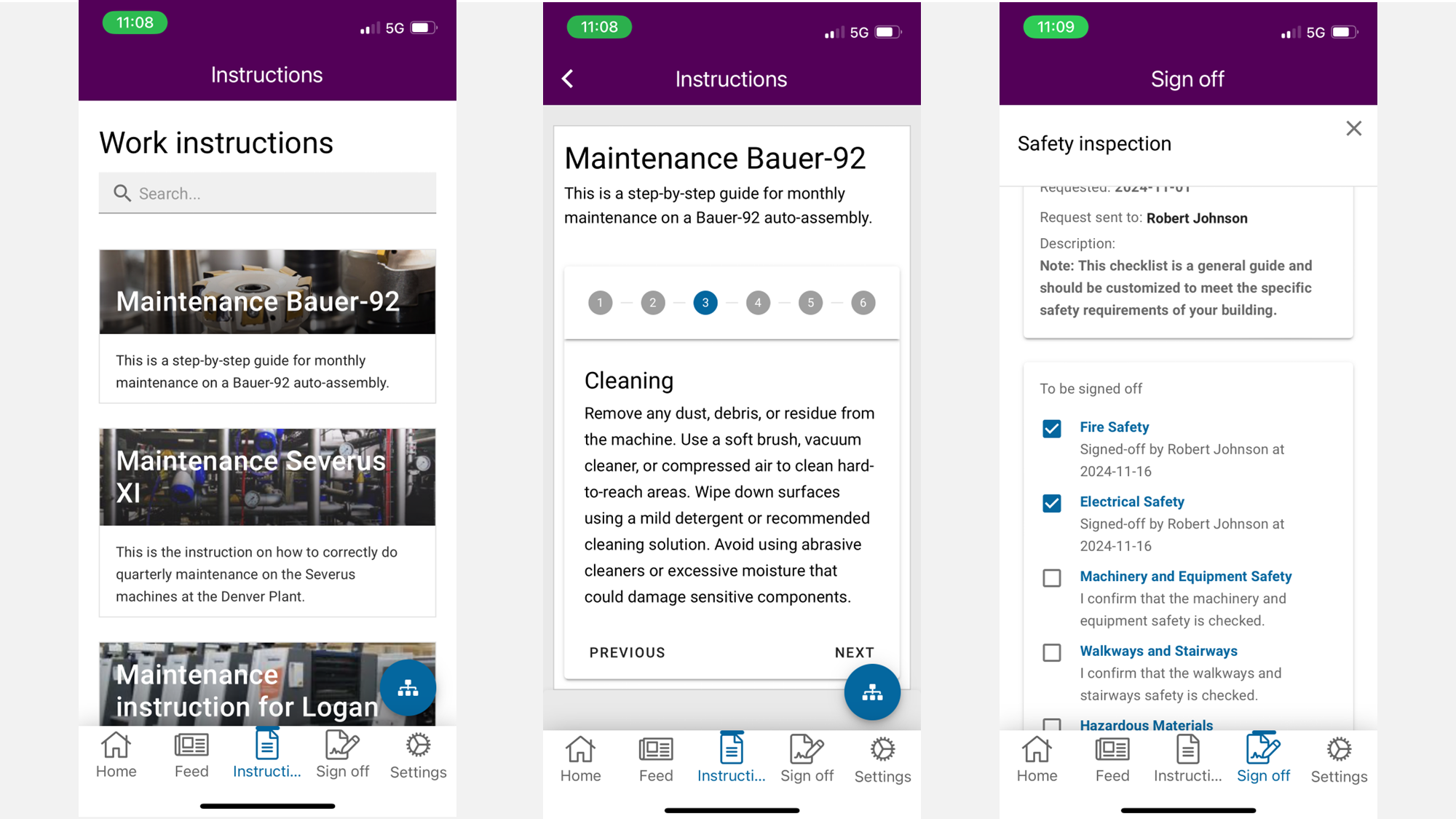 QMS Microsoft 365 Example: Mobile intranet app showing work instructions, task lists, and sign-off features in a quality management system in Microsoft 365.