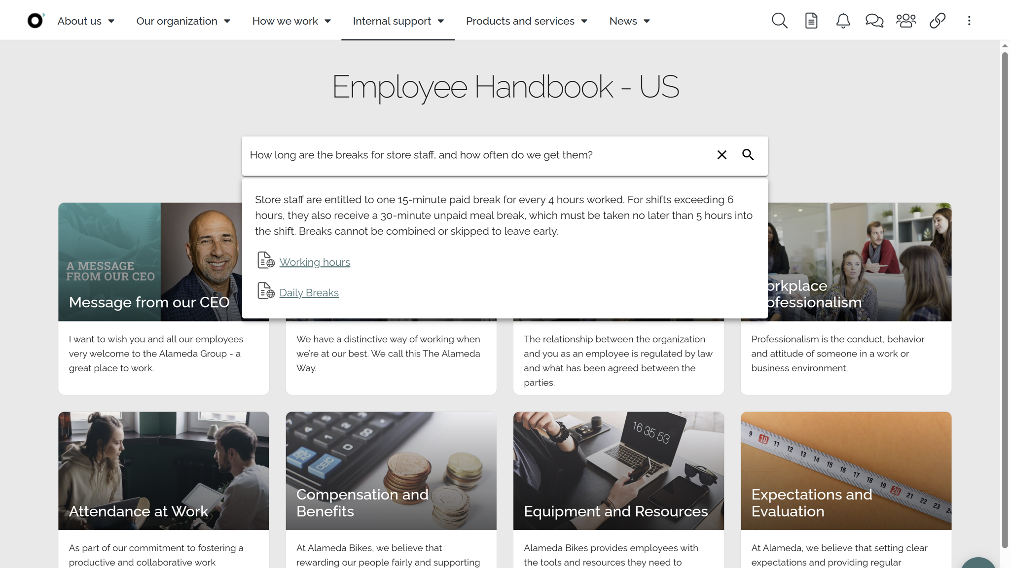 AI-powered intranet search providing semantic answers from verified enterprise content within an intranet planning framework.