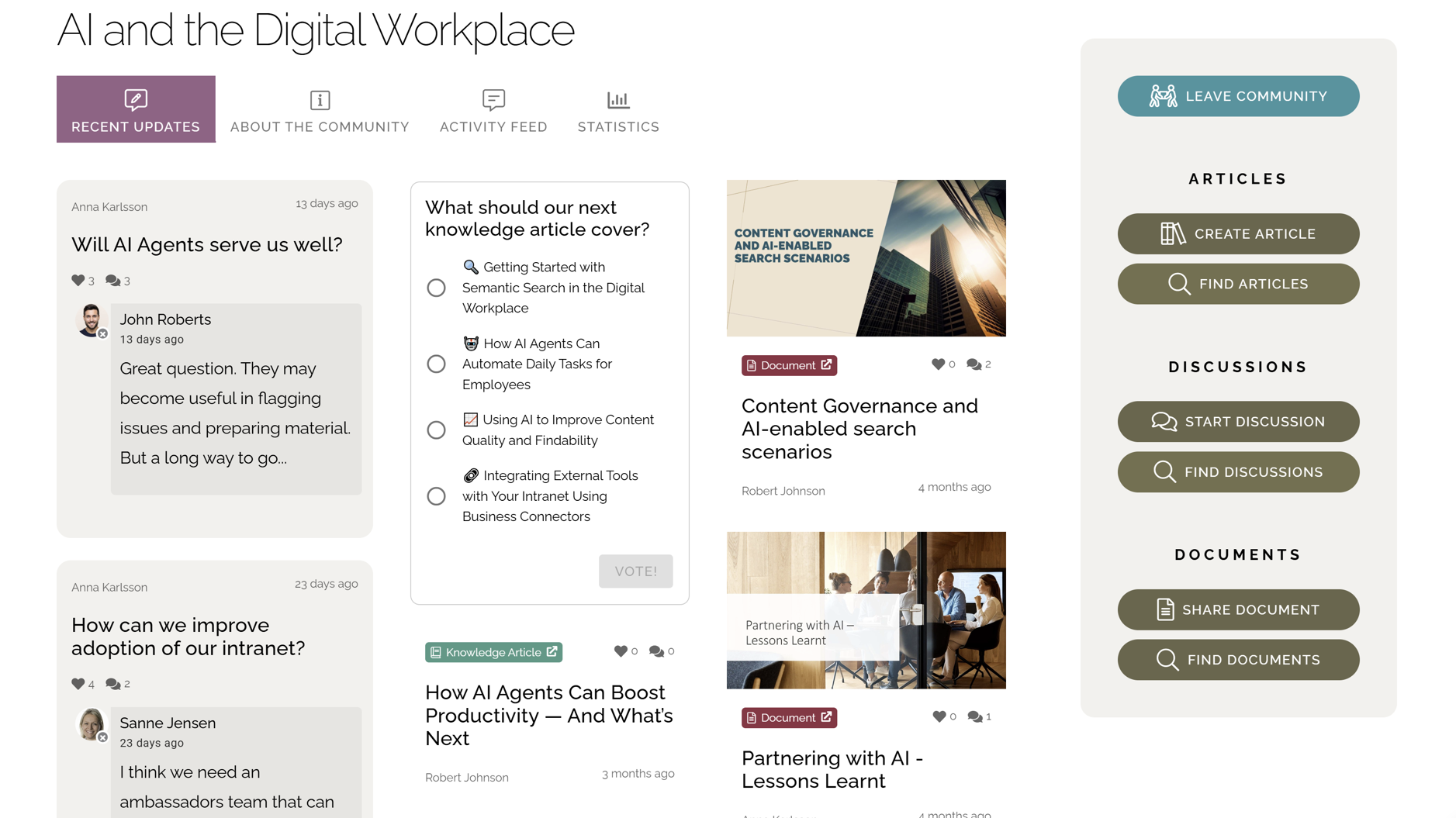 Intranet community homepage with knowledge sharing discussions, articles, shared documents, and employee engagement poll.