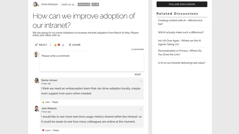Leadership development intranet community where managers share insights, challenges, and leadership experiences