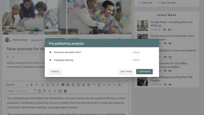 Company Intranet Example: AI assistant reviewing intranet content draft with optimization tips for clarity and consistency.