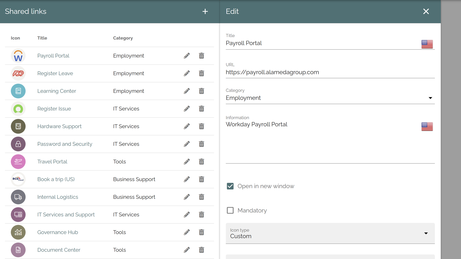 Centralized intranet directory providing integrated access to business systems as part of a digital workplace integration strategy.
