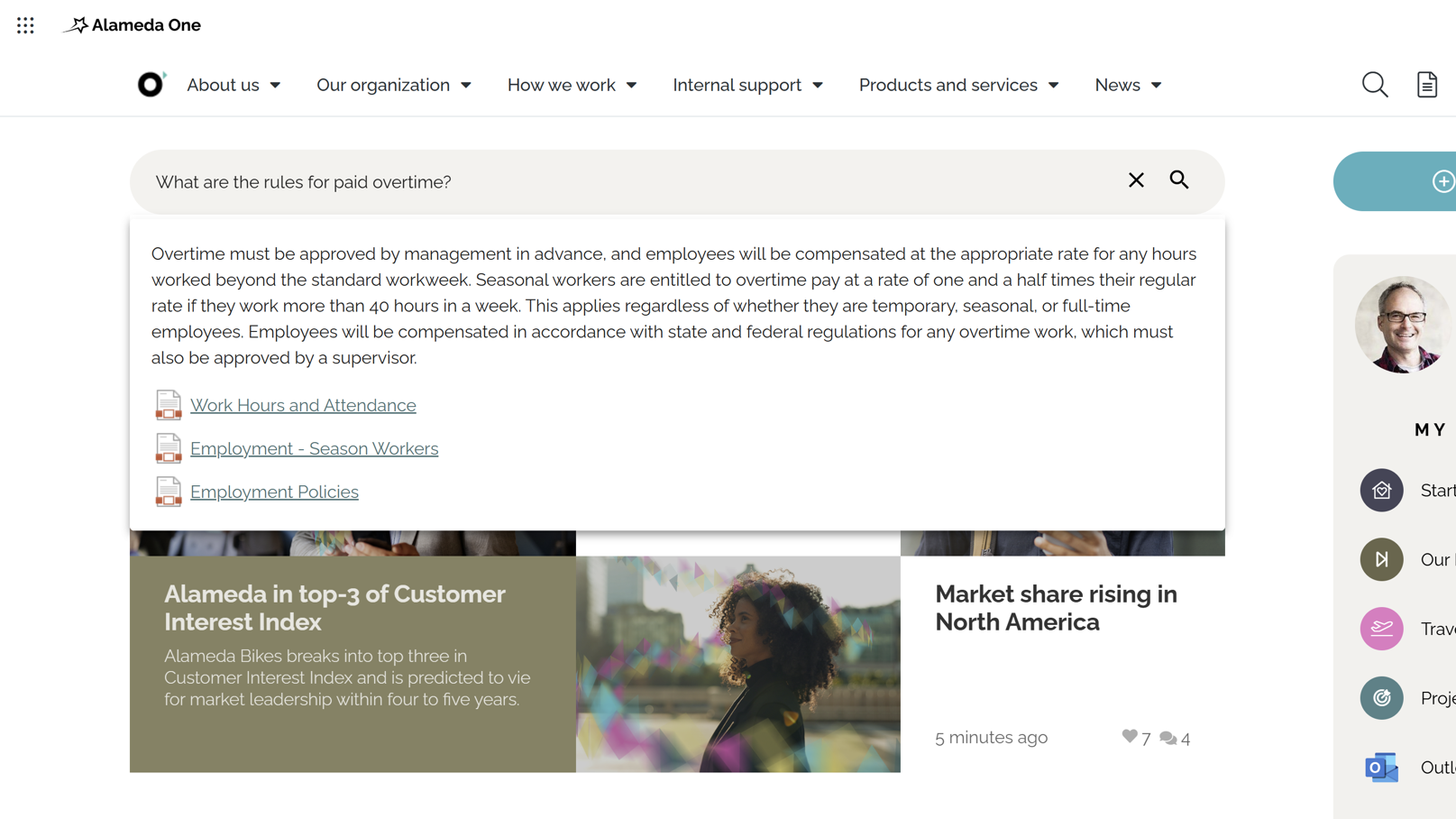 AI features in intranet enabling semantic search that understands user intent and improves content findability.