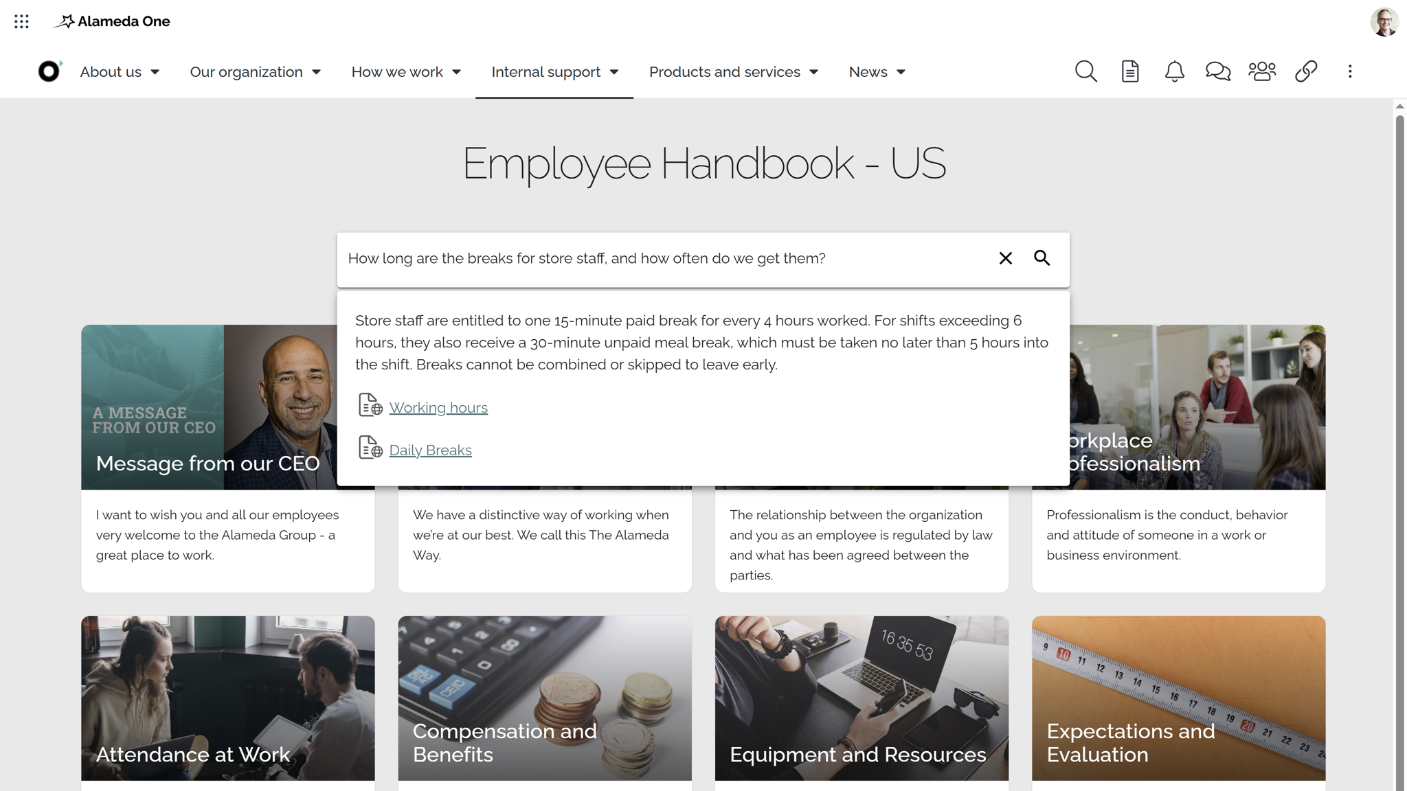  Intranet communication idea showing an employee handbook enhanced with semantic AI search for faster information discovery.