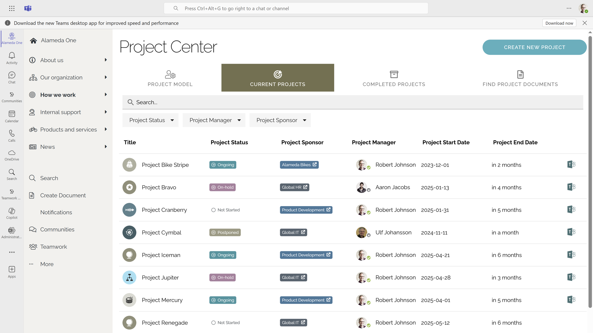 Intranet site features for teamwork, including project portfolio view and Microsoft Teams integration.