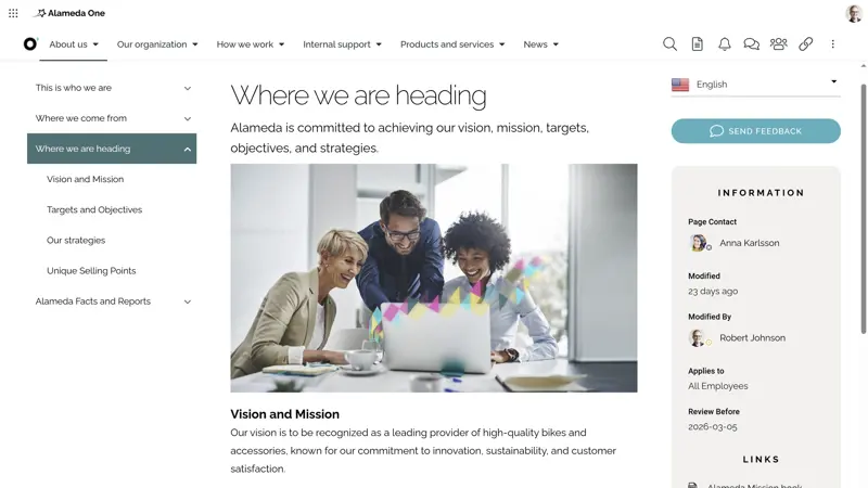 Intranet benefits for organizational alignment displayed through a section highlighting company vision, mission, and strategic goals.