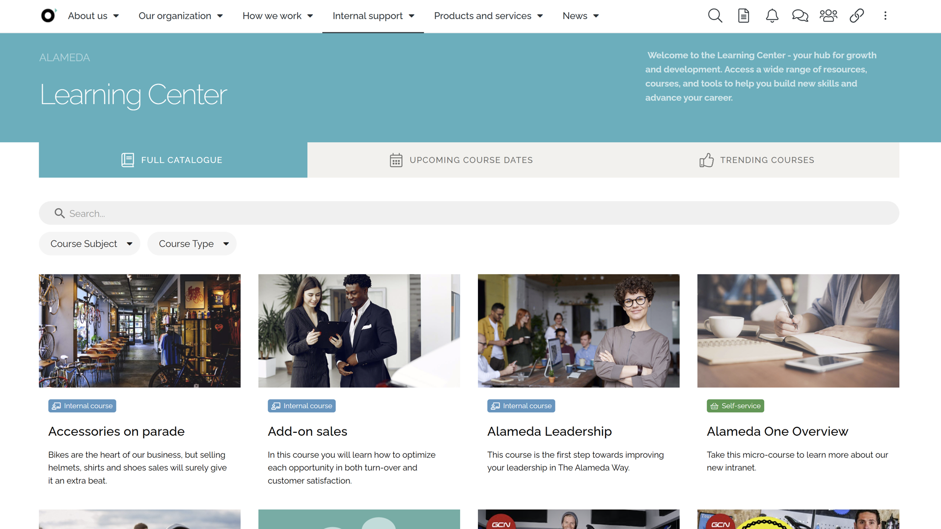 Tab-based learning center displayed as one of the intranet navigation examples, enabling users to browse courses, calendars, and trending content.