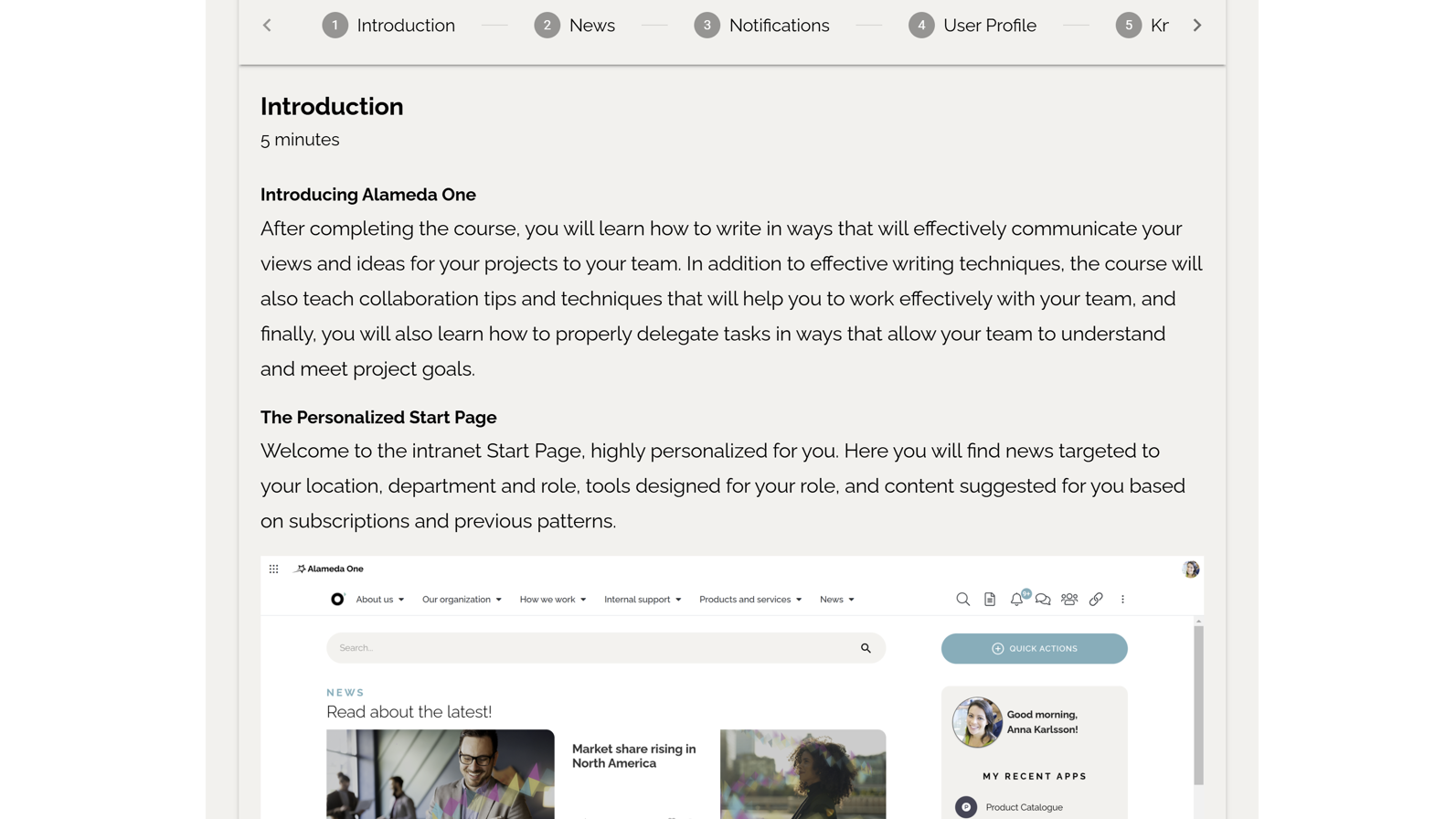 Intranet Homepage Example: Intranet homepage idea with guided tutorials and interactive micro-courses for onboarding.