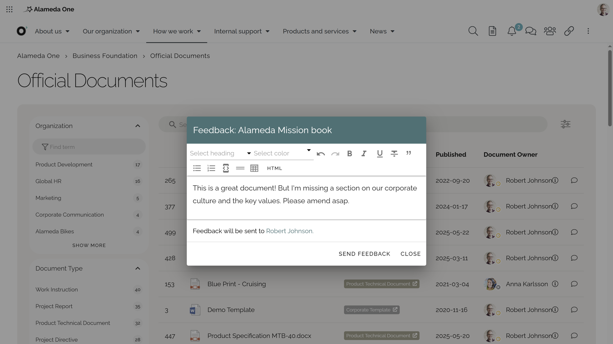 Intranet improvement scenario: Employee submitting feedback on intranet content — a key input for continuous intranet improvement.
