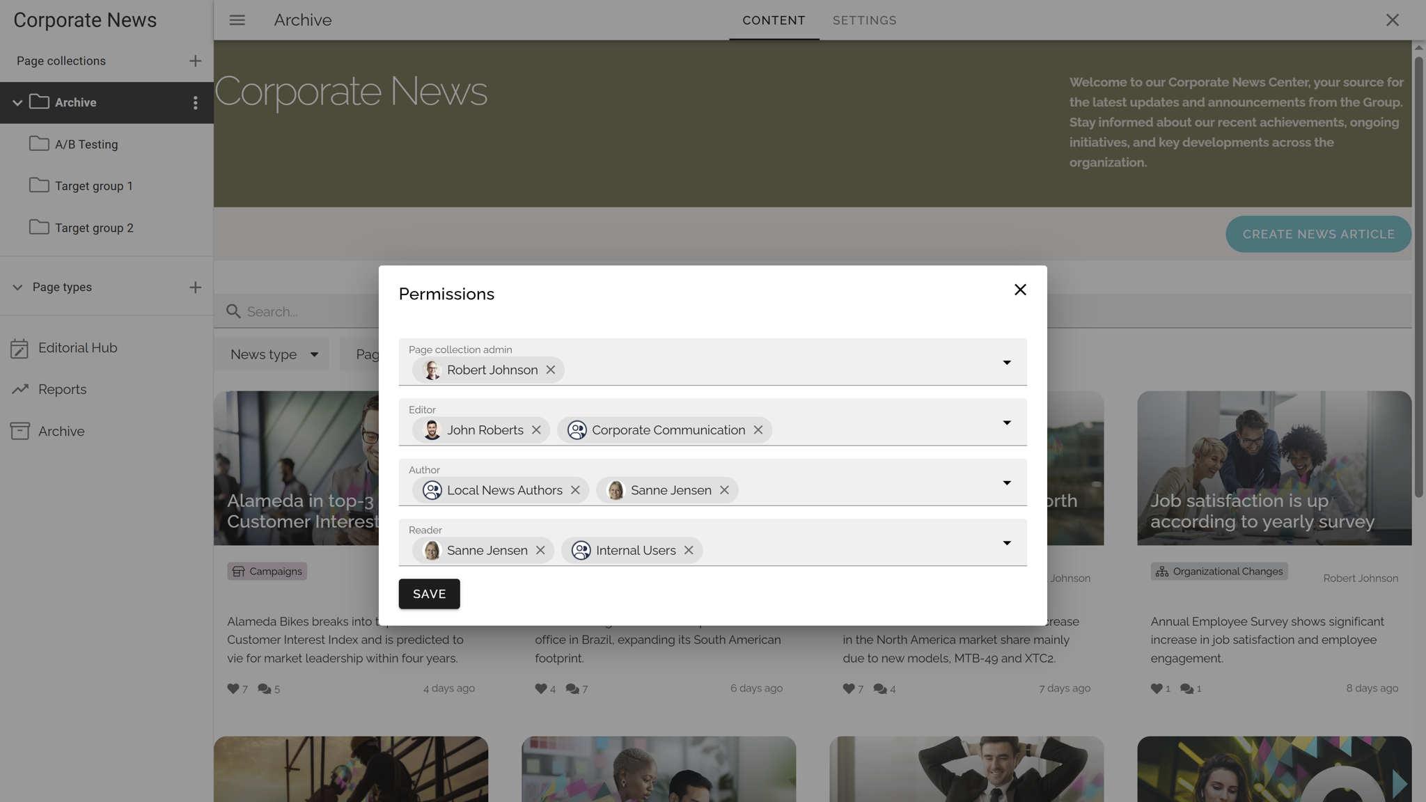 Intranet benefits for governance illustrated by permission management and publishing roles within the intranet.