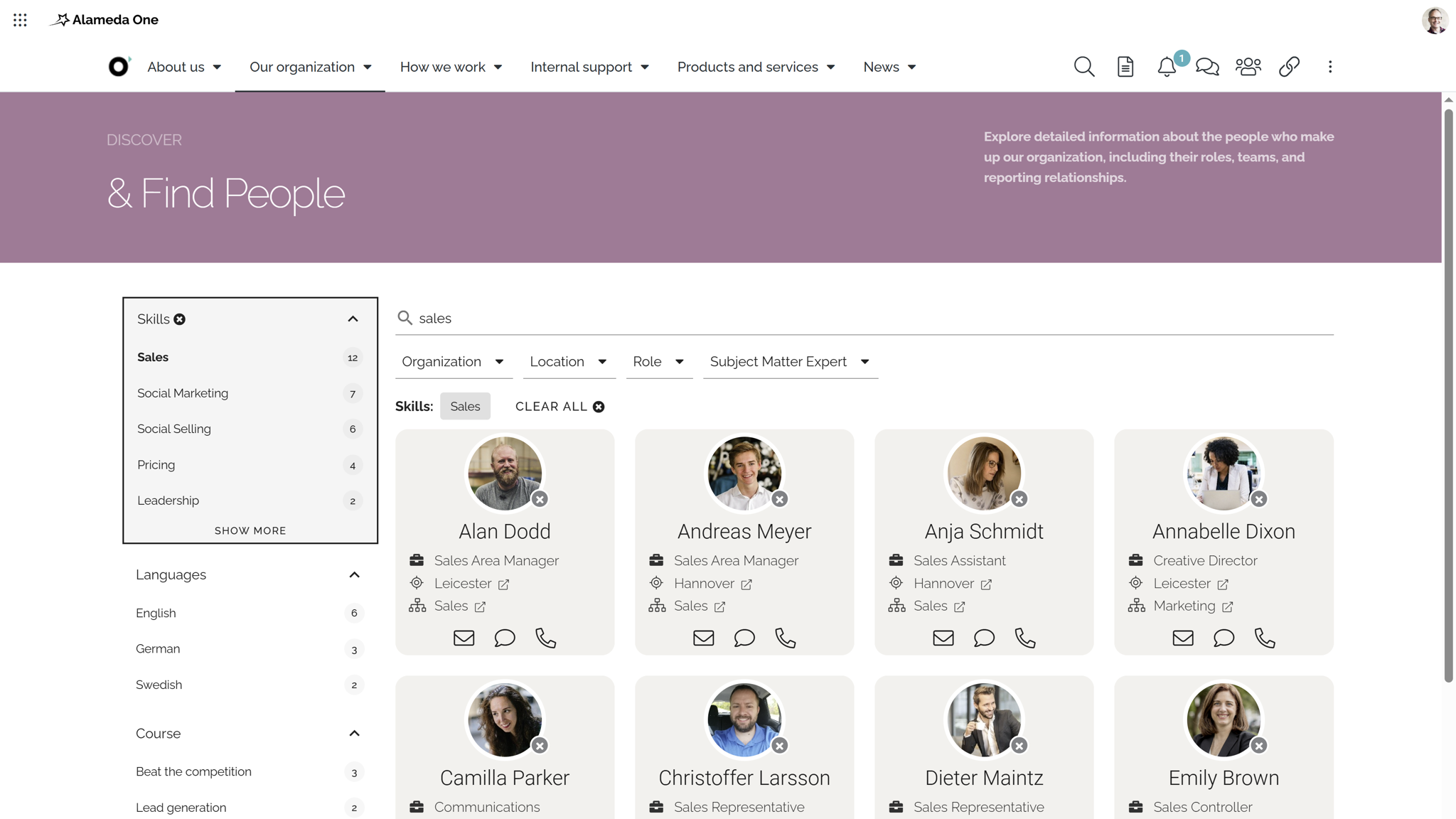 Intranet website feature showing people search with filters to find colleagues by department, role, or skills.