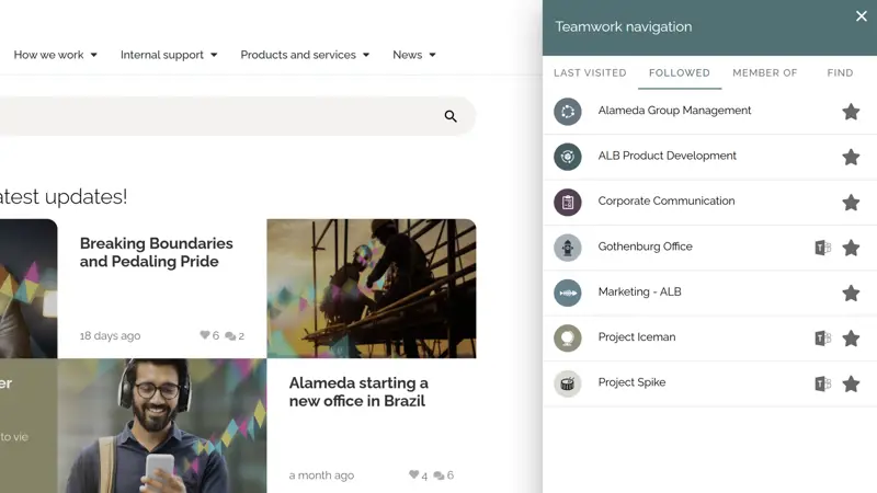 Personalized workspace navigation presented as an intranet navigation example, showing followed teams and collaboration areas.