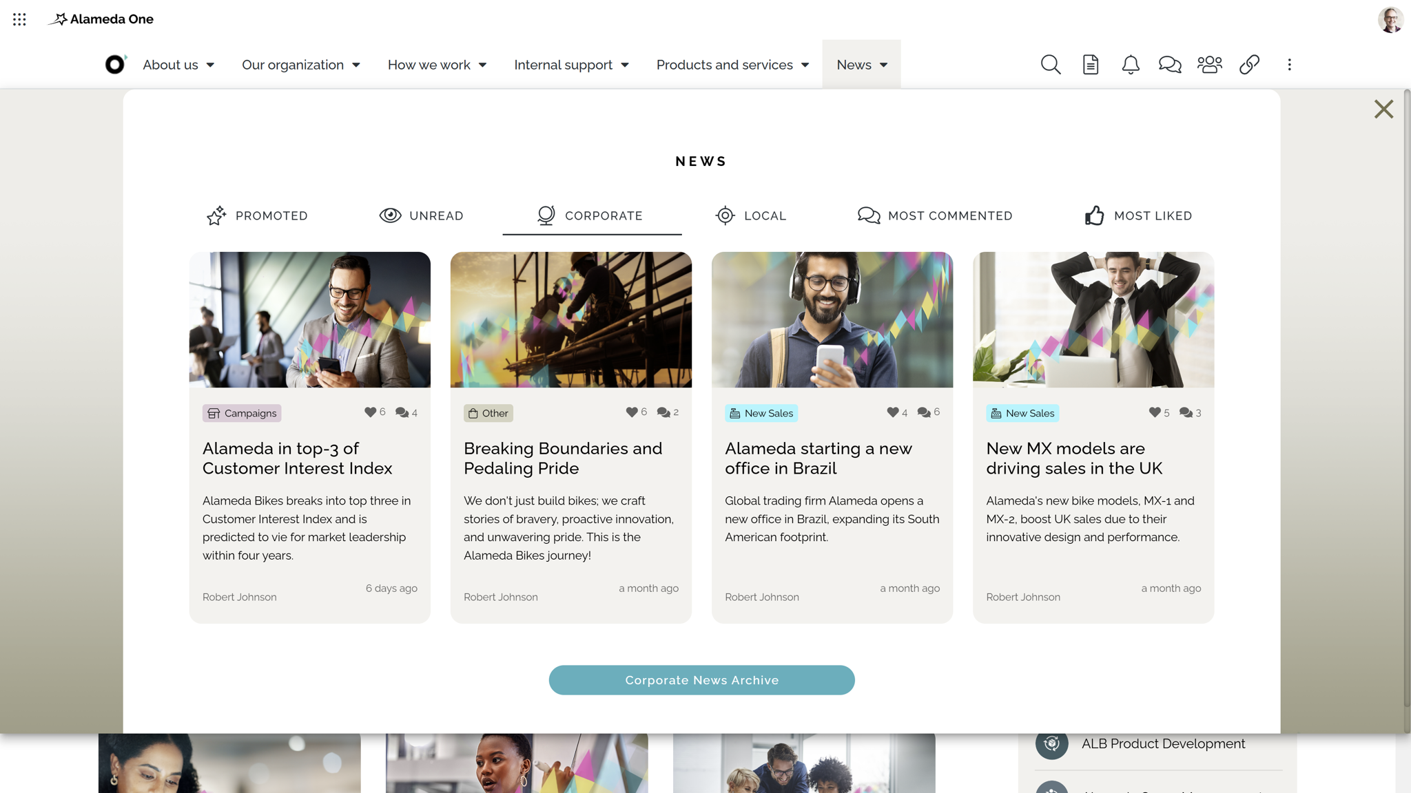 Tabbed mega menu used as one of the intranet navigation examples, enabling structured navigation between news categories and archives.