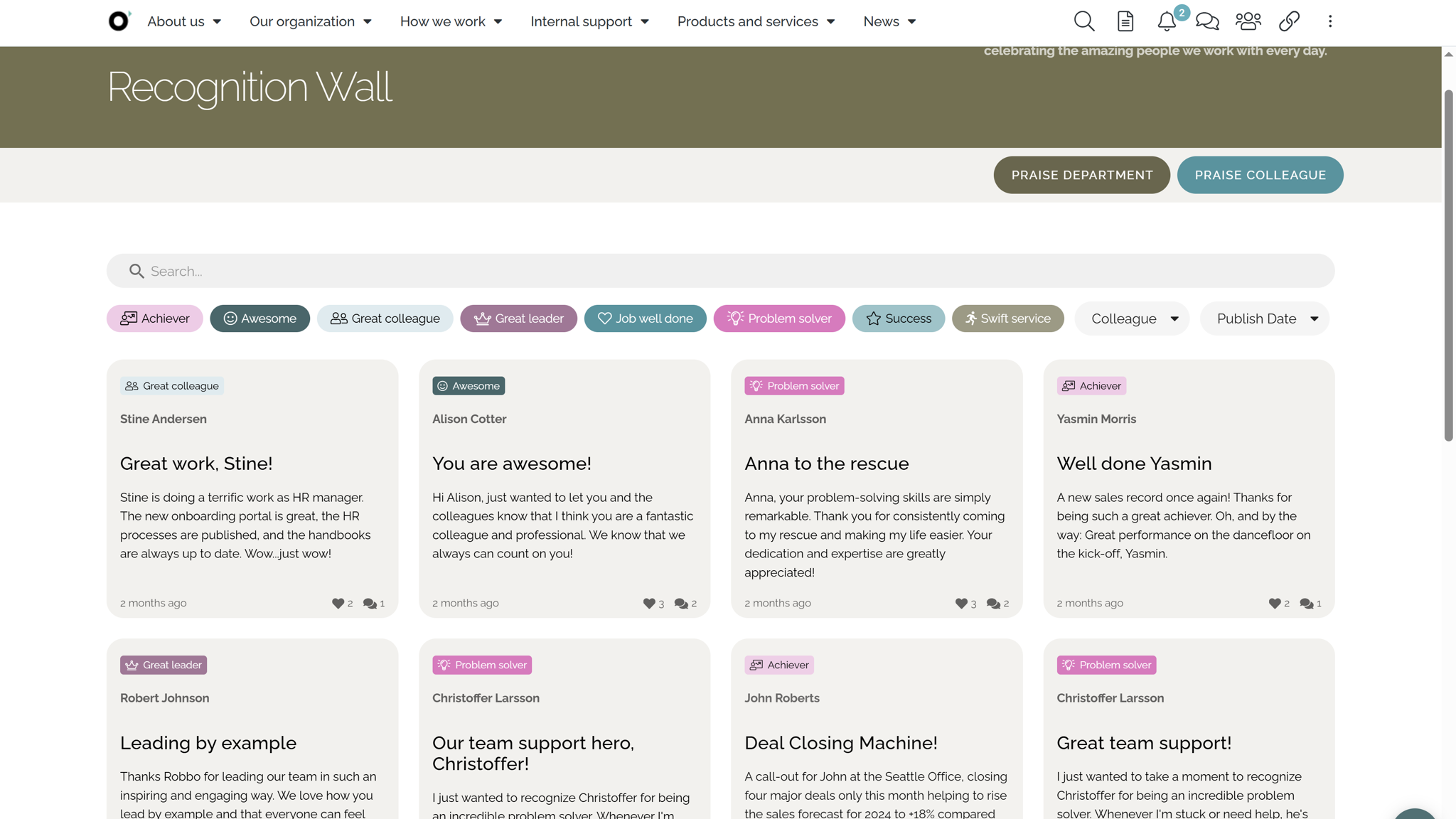 HR intranet platform showcasing peer praise and public appreciation